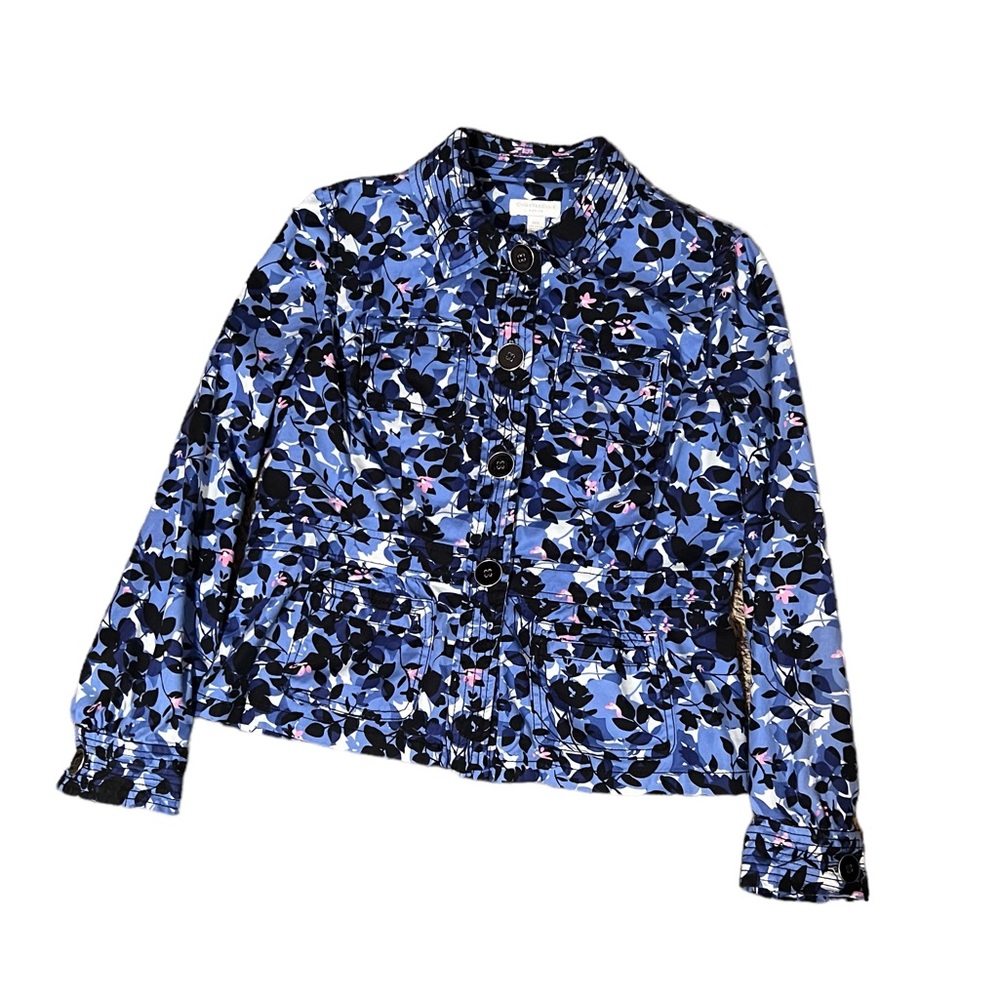 Charter Club Women’s Petite Small Floral Jean Jacket~ Navy / Blue Button Up